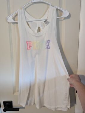 PINK Victoria's Secret White Tank with Pastel Rainbow Logo